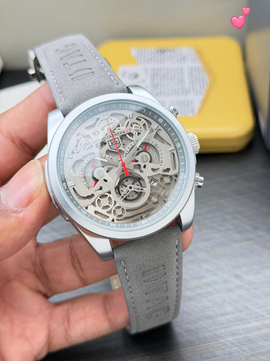Grand Carreras Skeleton Automatic Watch – Grey Leather Strap