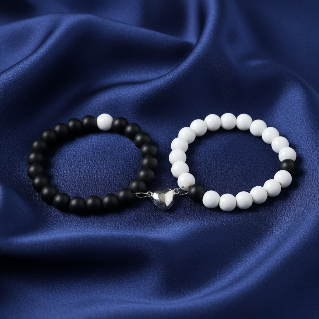 Premium Couple Magnetic Bead Bracelet Set – Black & White Yin Yang Design (8g, Unisex Love Bracelet)