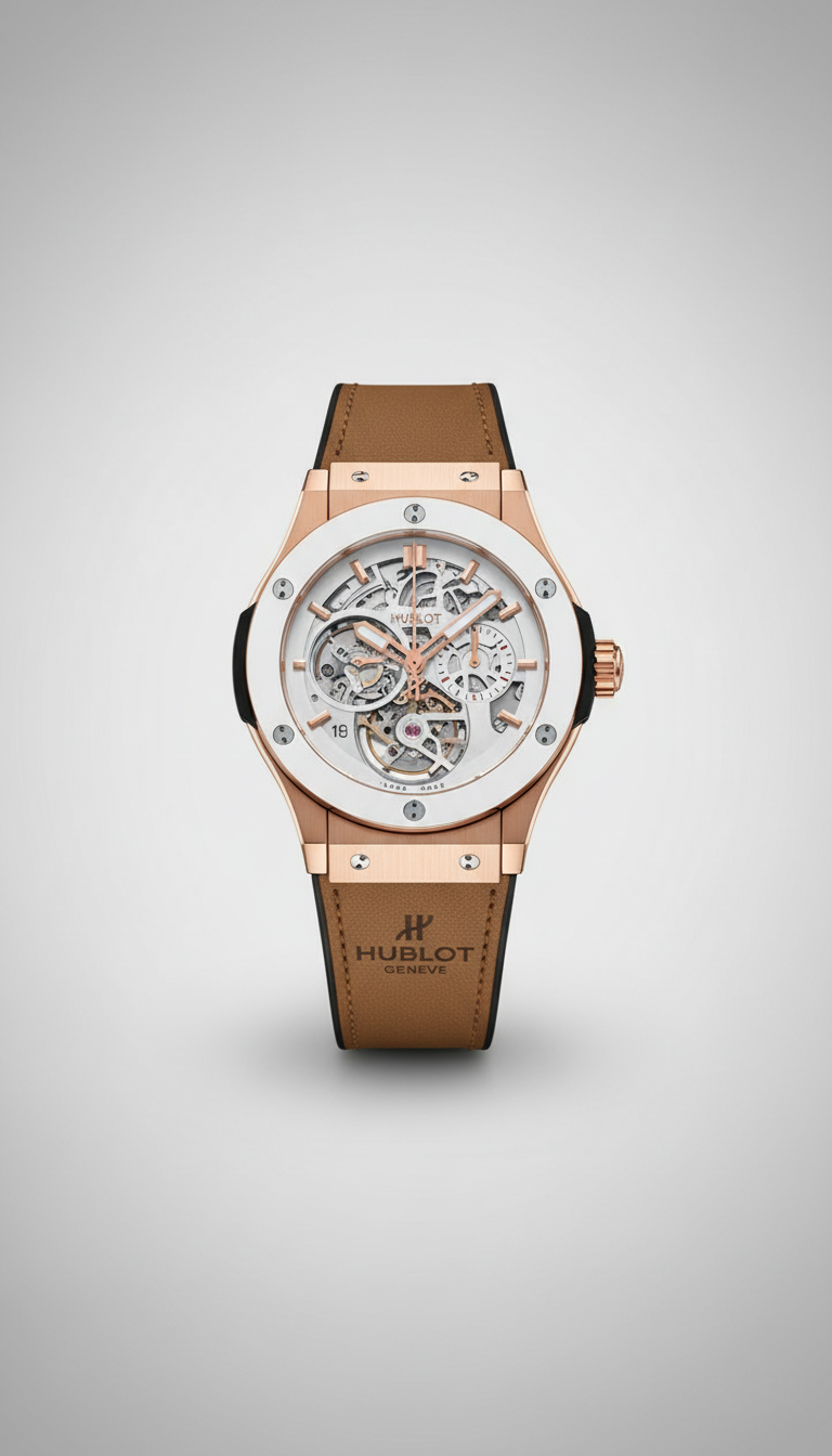 Hublot Style Skeleton Dial Luxury Automatic Watch with Leather Strap for Men