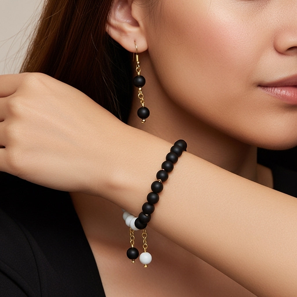 Matte Black & White Beaded Bracelet and Earring Set