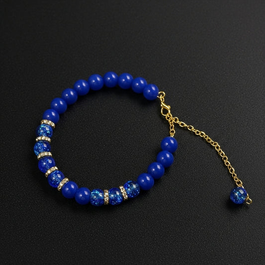 Elegant Blue Stone Beaded Bracelet with Golden Chain – Stylish Gift for Women