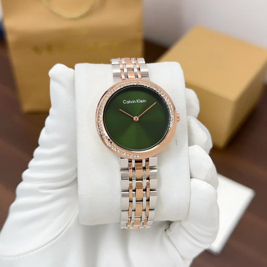 Calvin Klein Twisted Bezel Qtz Basic Slim Green Round Dial Women's Watch|Ionic Plated Rose Gold Steel Material|Rose Gold Color Band - 25100068