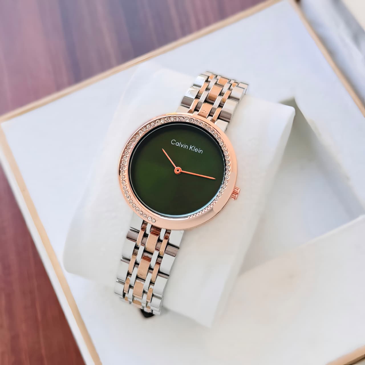Calvin Klein Twisted Bezel Qtz Basic Slim Green Round Dial Women's Watch|Ionic Plated Rose Gold Steel Material|Rose Gold Color Band - 25100068