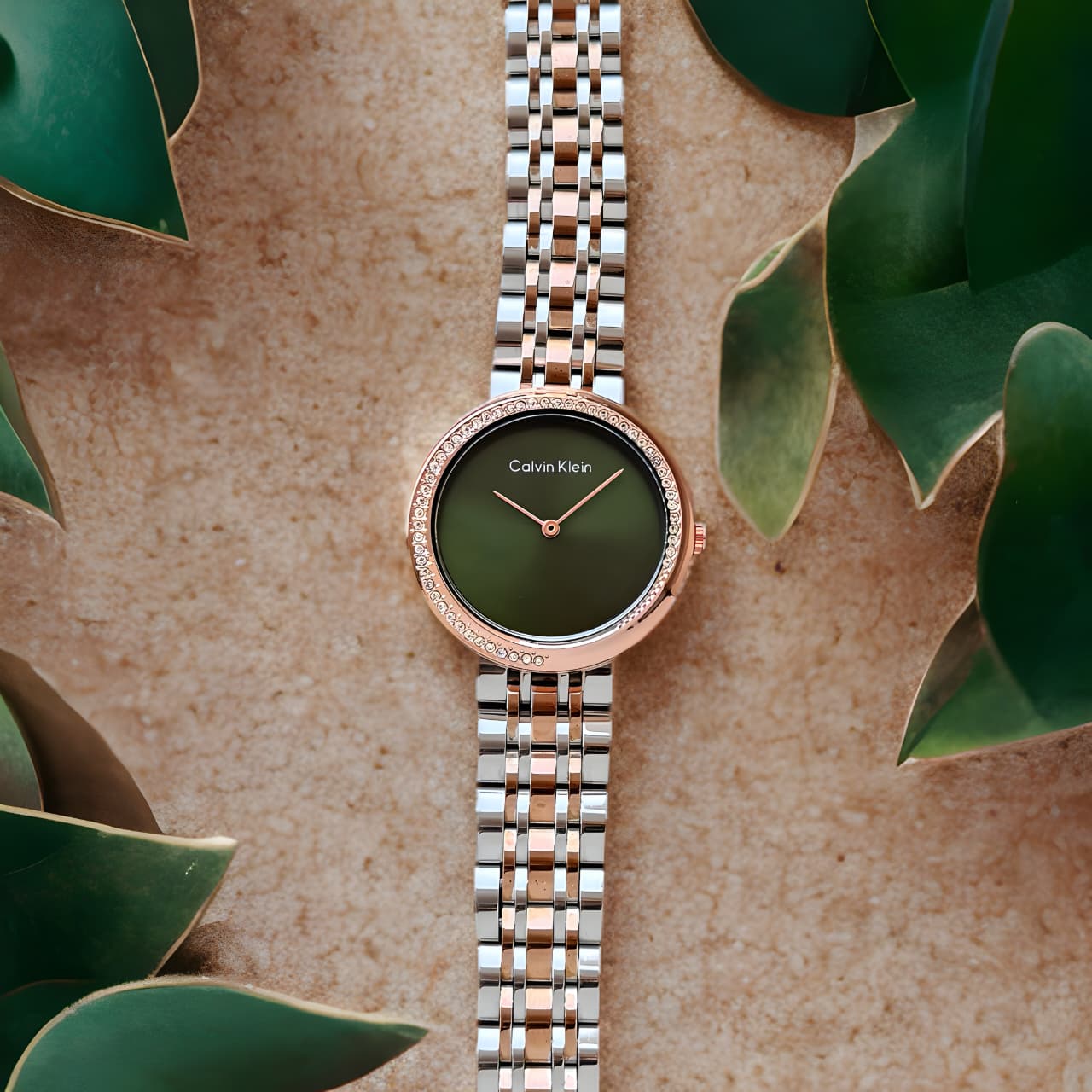 Calvin Klein Twisted Bezel Qtz Basic Slim Green Round Dial Women's Watch|Ionic Plated Rose Gold Steel Material|Rose Gold Color Band - 25100068