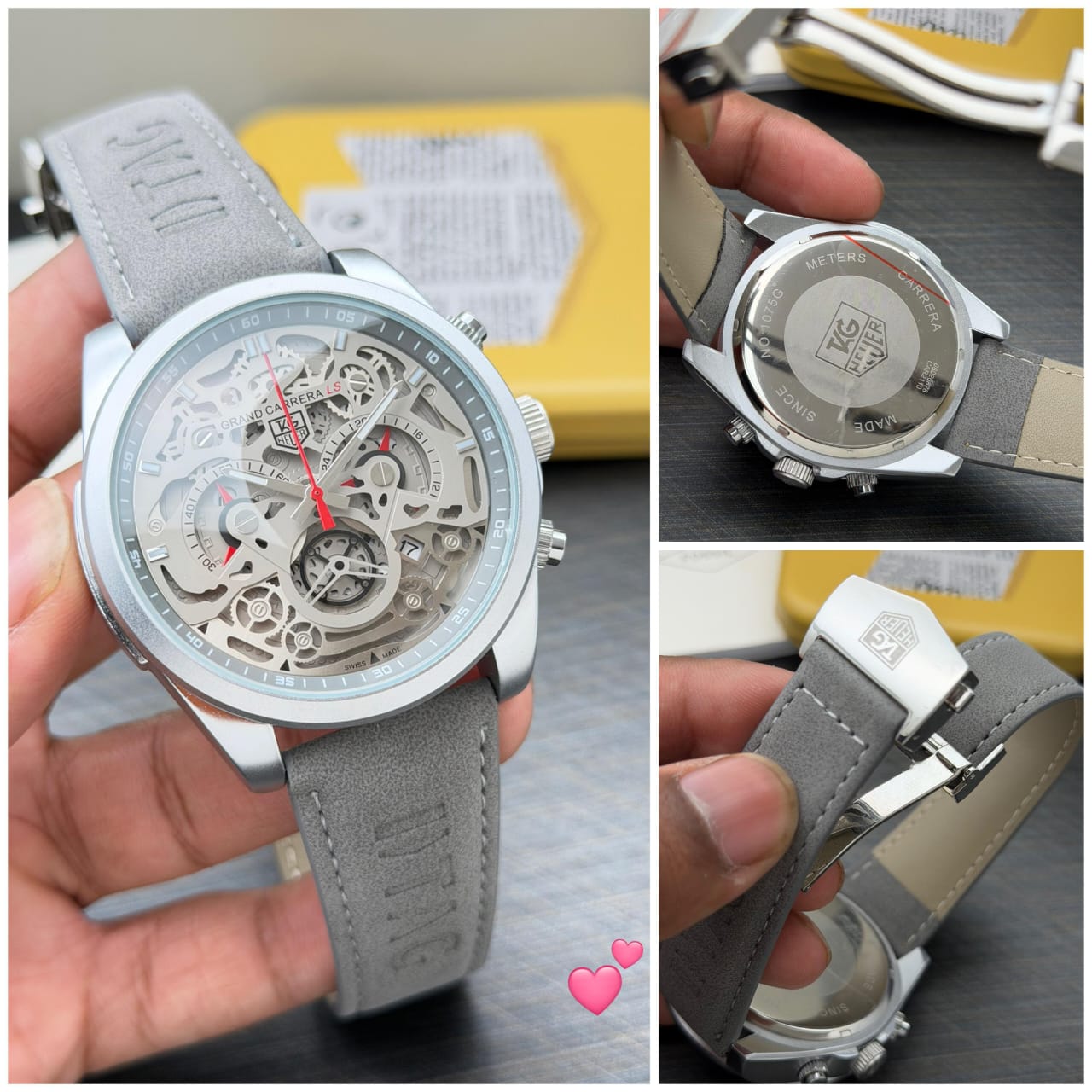 Grand Carreras Skeleton Automatic Watch – Grey Leather Strap