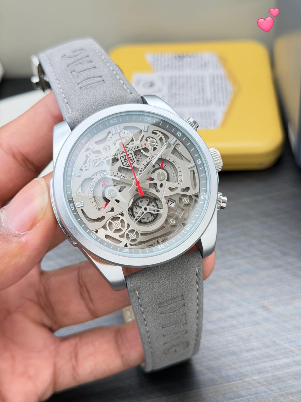 Grand Carreras Skeleton Automatic Watch – Grey Leather Strap