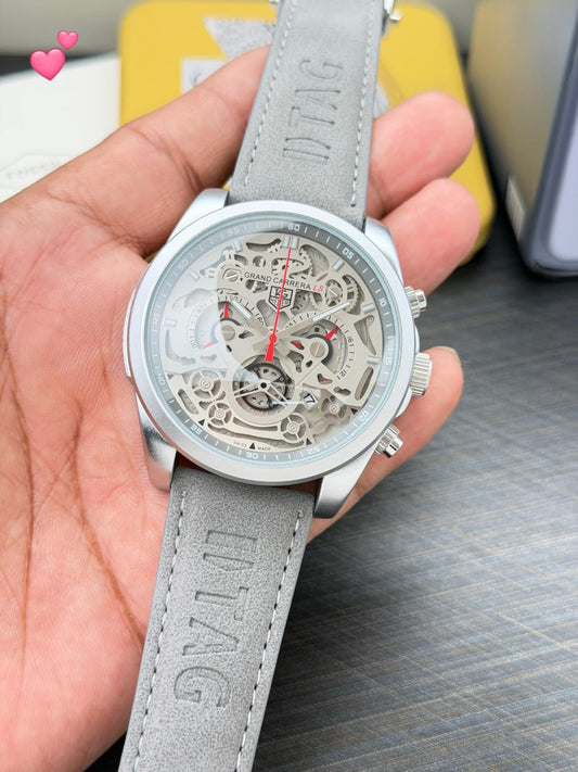 Grand Carreras Skeleton Automatic Watch – Grey Leather Strap