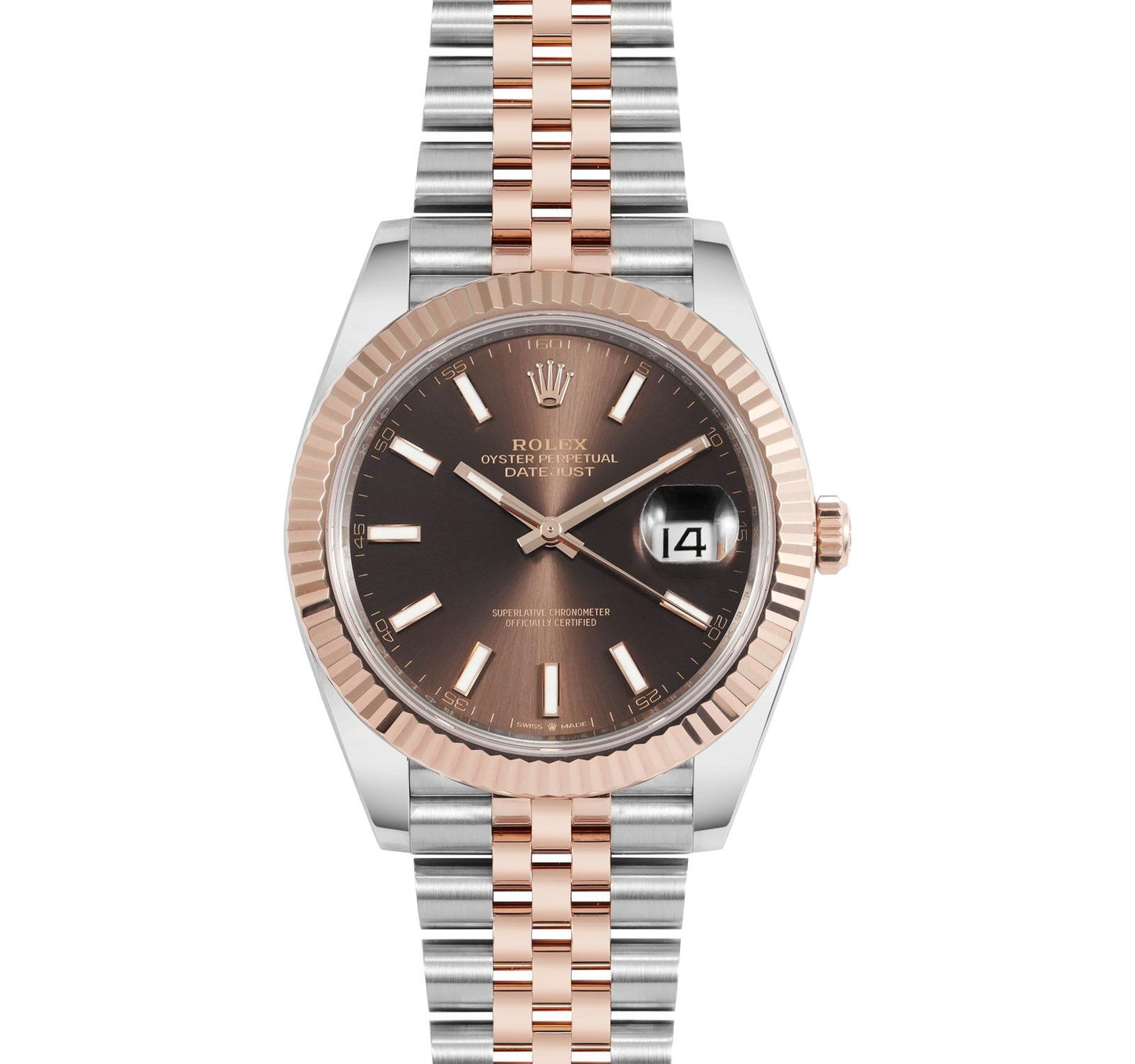 Rolex Datejust 41 NEW 2025 Chocolate Index Dial Two Tone Rose Gold Fluted Bezel Jubilee Bracelet