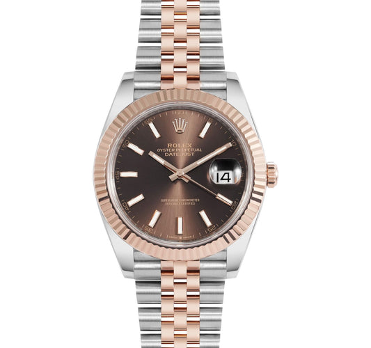 Rolex Datejust 41 NEW 2025 Chocolate Index Dial Two Tone Rose Gold Fluted Bezel Jubilee Bracelet