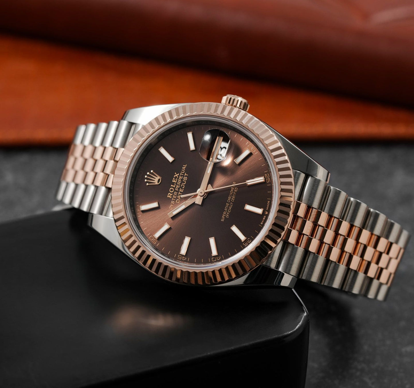 Rolex Datejust 41 NEW 2025 Chocolate Index Dial Two Tone Rose Gold Fluted Bezel Jubilee Bracelet