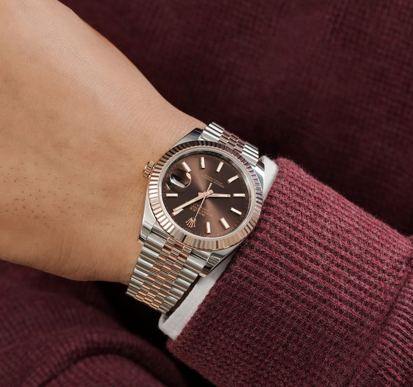 Rolex Datejust 41 NEW 2025 Chocolate Index Dial Two Tone Rose Gold Fluted Bezel Jubilee Bracelet