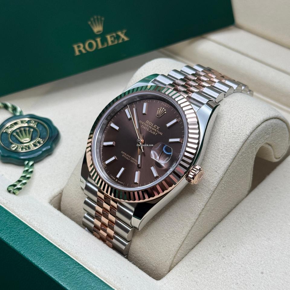 Rolex Datejust 41 NEW 2025 Chocolate Index Dial Two Tone Rose Gold Fluted Bezel Jubilee Bracelet