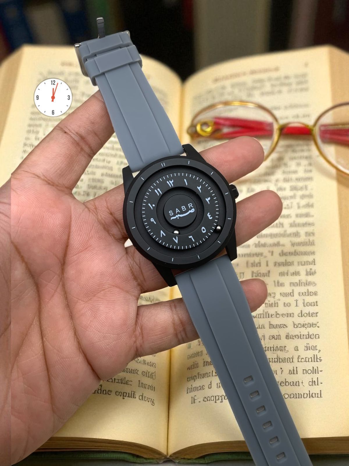 Arabic Dial Watch for Men – SABR Black Case with Grey Silicone Strap