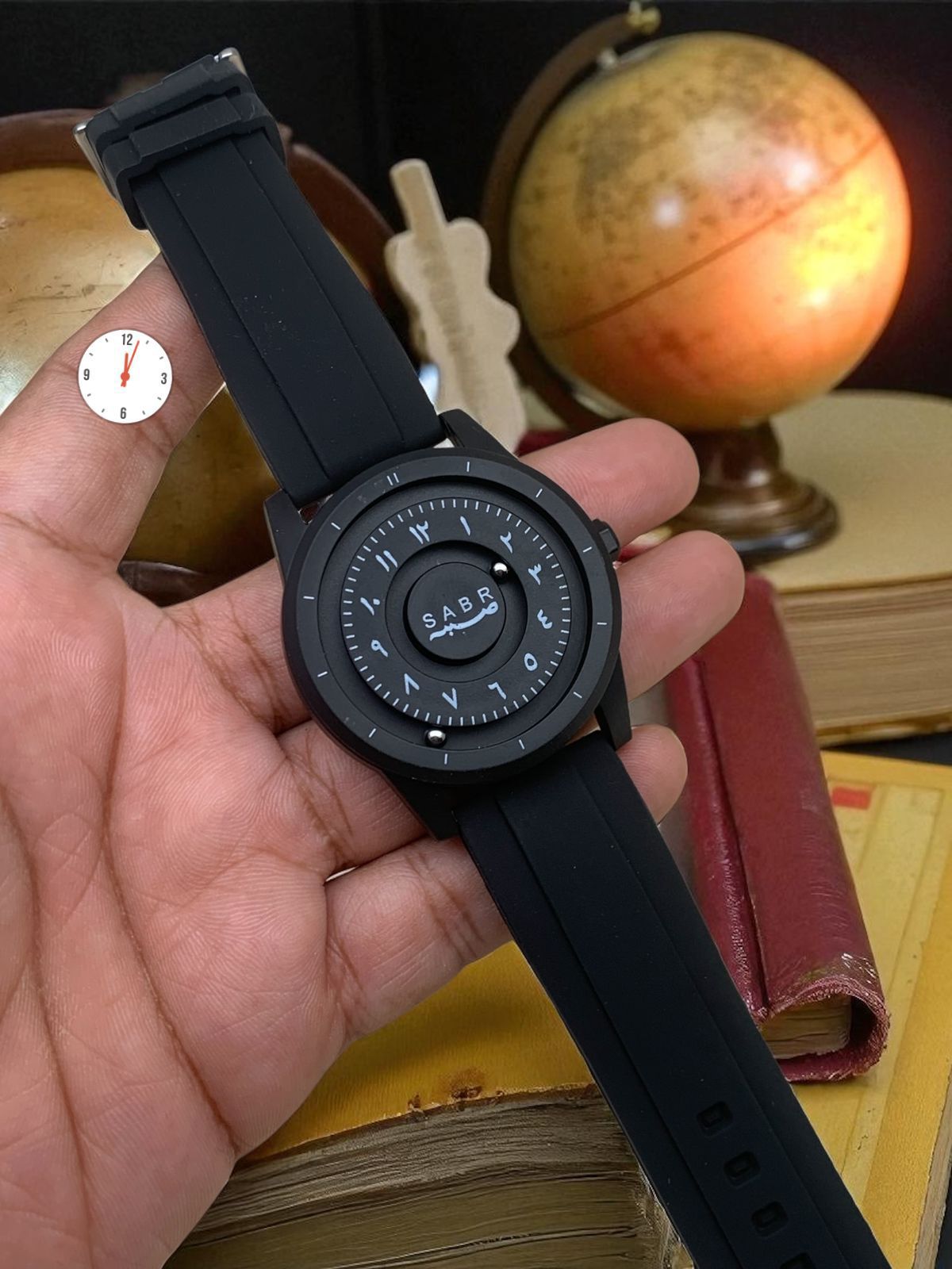 Arabic Dial Watch for Men – SABR Black Case with Grey Silicone Strap