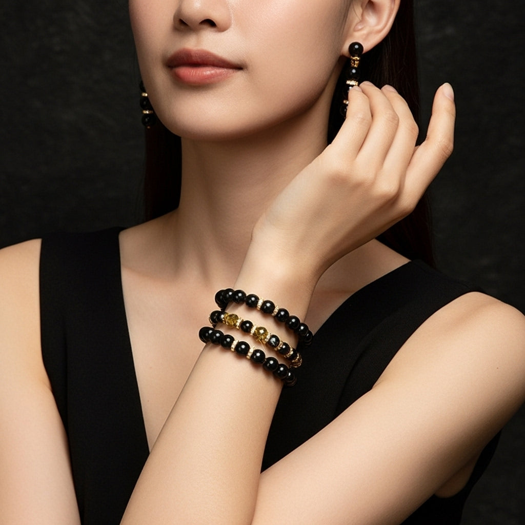 Elegant Triple-Layer Black Bead Bracelet with Golden Crystal Accents (10g)