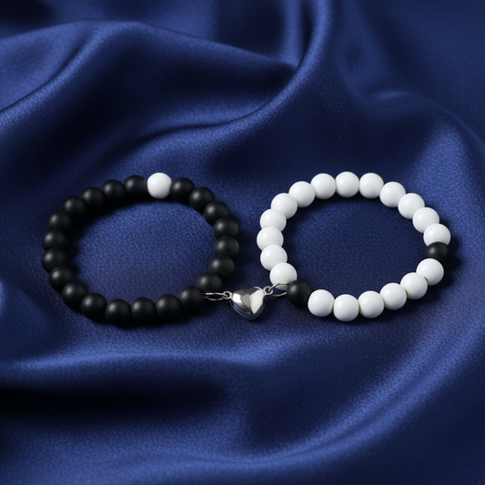 Premium Couple Magnetic Bead Bracelet Set – Black & White Yin Yang Design (8g, Unisex Love Bracelet)