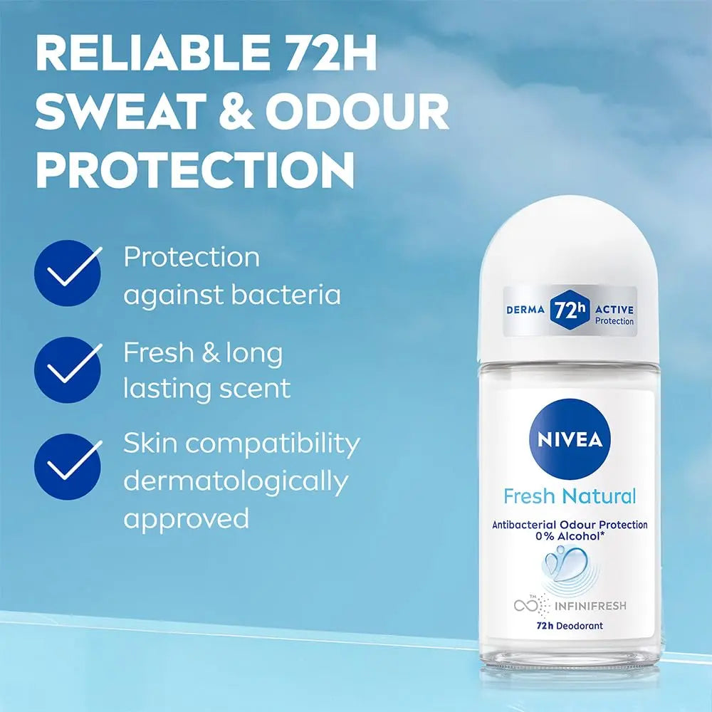 Nivea Fresh Natural Anti-Perspirant Deo Roll-On with ocean extracts for 48-hour protection.