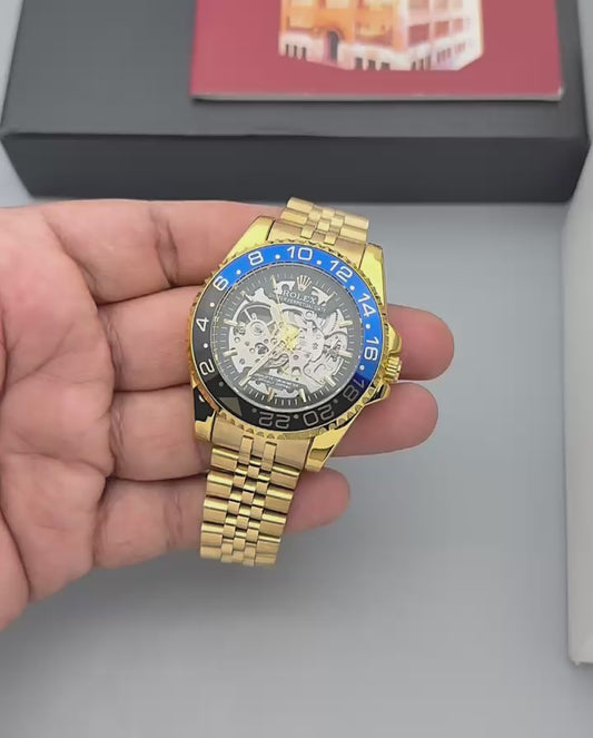 Rolex-GMT-Style Gold-Tone Skeleton Watch for Men – Black & Blue Bezel Stainless Steel Bracelet