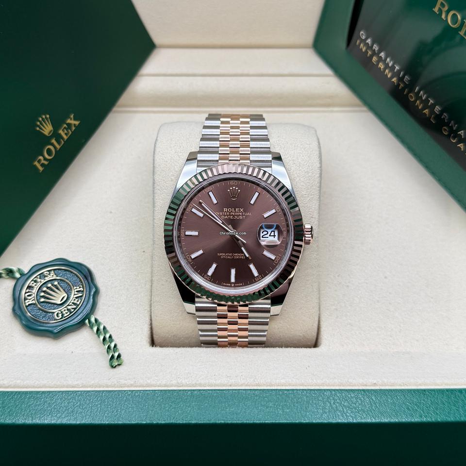 Rolex Datejust 41 NEW 2025 Chocolate Index Dial Two Tone Rose Gold Fluted Bezel Jubilee Bracelet