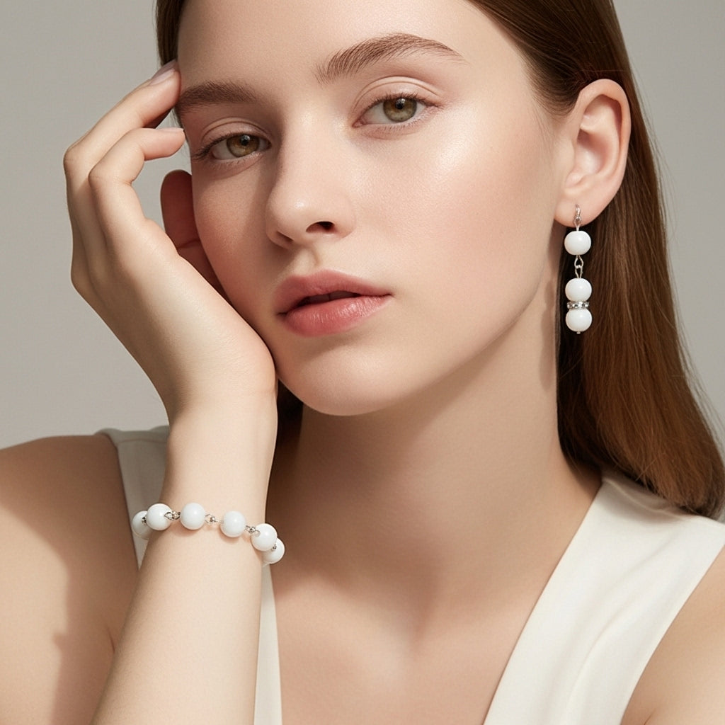 Luna Pearl Charm Set. White Beaded Bracelet & Elegant Handmade White Beaded Bracelet & Earring Set with Silver Detailing