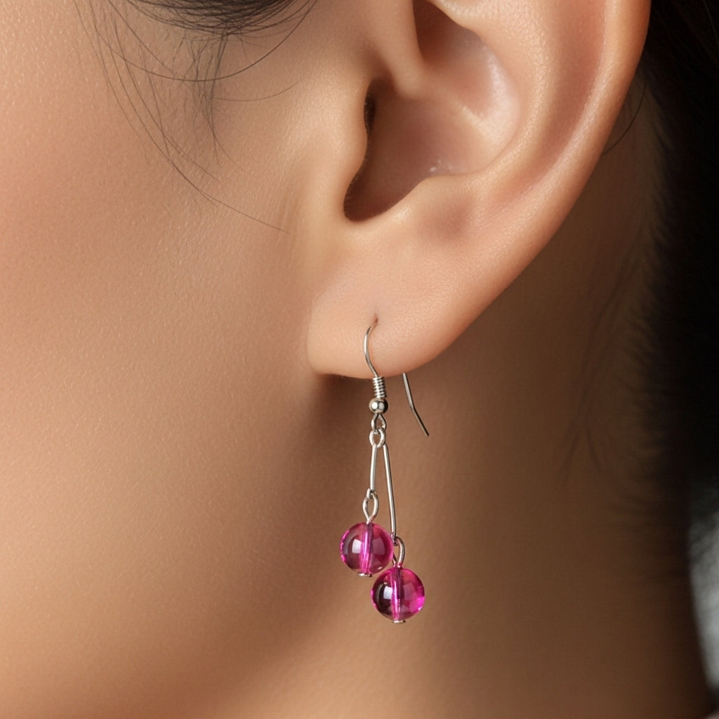 Rosé Glow Drop Earrings Elegant Pink Beaded Drop Earrings with Silver Hooks
