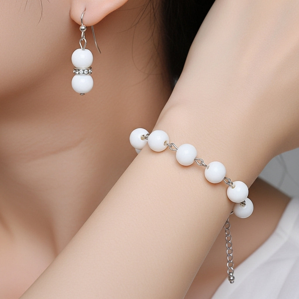 Luna Pearl Charm Set. White Beaded Bracelet & Elegant Handmade White Beaded Bracelet & Earring Set with Silver Detailing