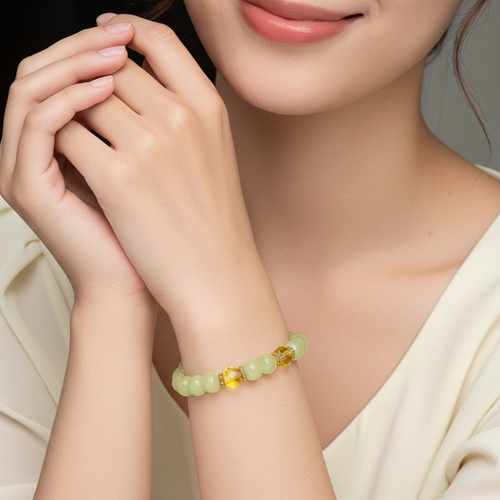 Lemon Glow Beaded Bracelet with Golden Crystal Accents