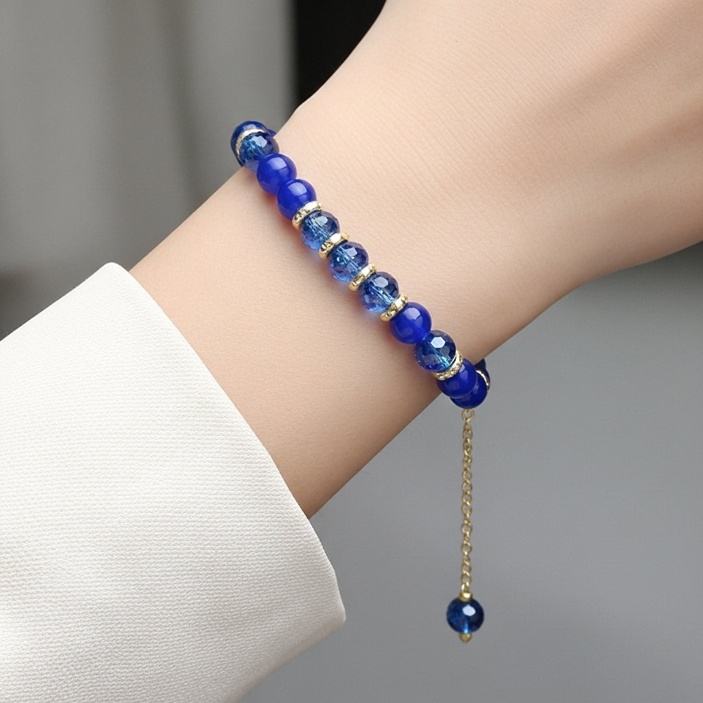 Elegant Blue Stone Beaded Bracelet with Golden Chain – Stylish Gift for Women