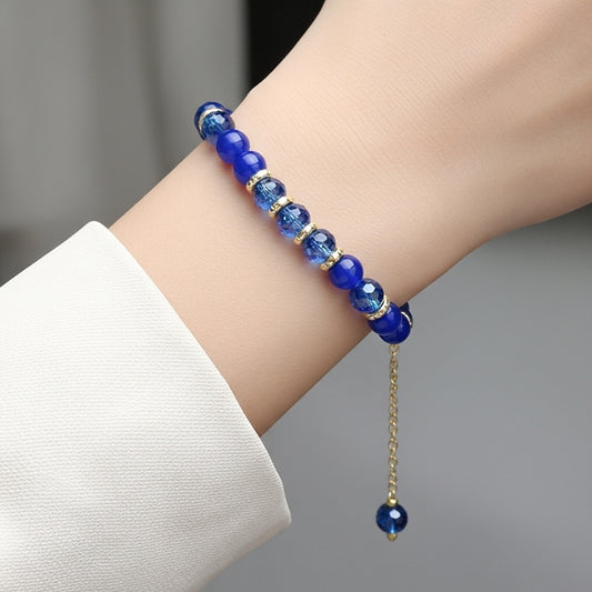 Elegant Blue Stone Beaded Bracelet with Golden Chain – Stylish Gift for Women