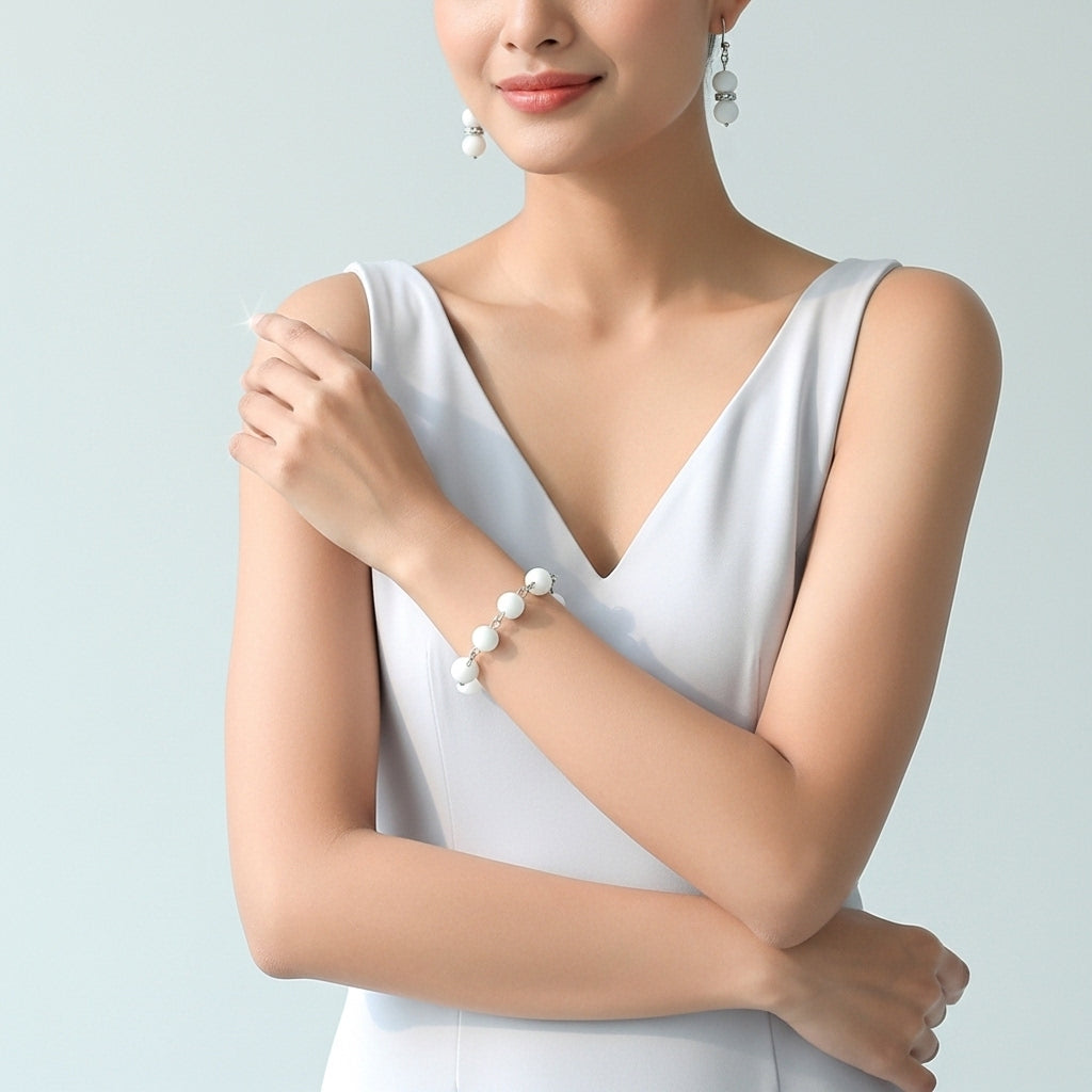 Luna Pearl Charm Set. White Beaded Bracelet & Elegant Handmade White Beaded Bracelet & Earring Set with Silver Detailing