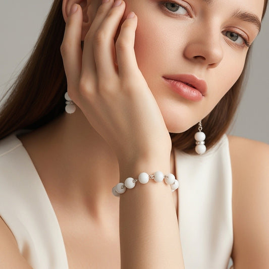 Luna Pearl Charm Set. White Beaded Bracelet & Elegant Handmade White Beaded Bracelet & Earring Set with Silver Detailing