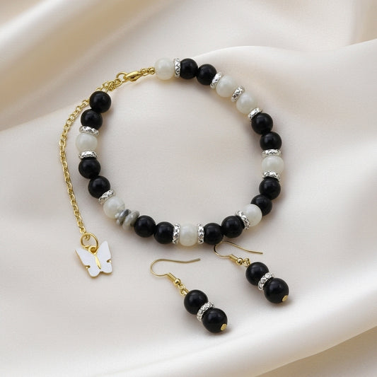 Elegant Black & White Beaded Bracelet and Earring Set with Golden Butterfly Charm